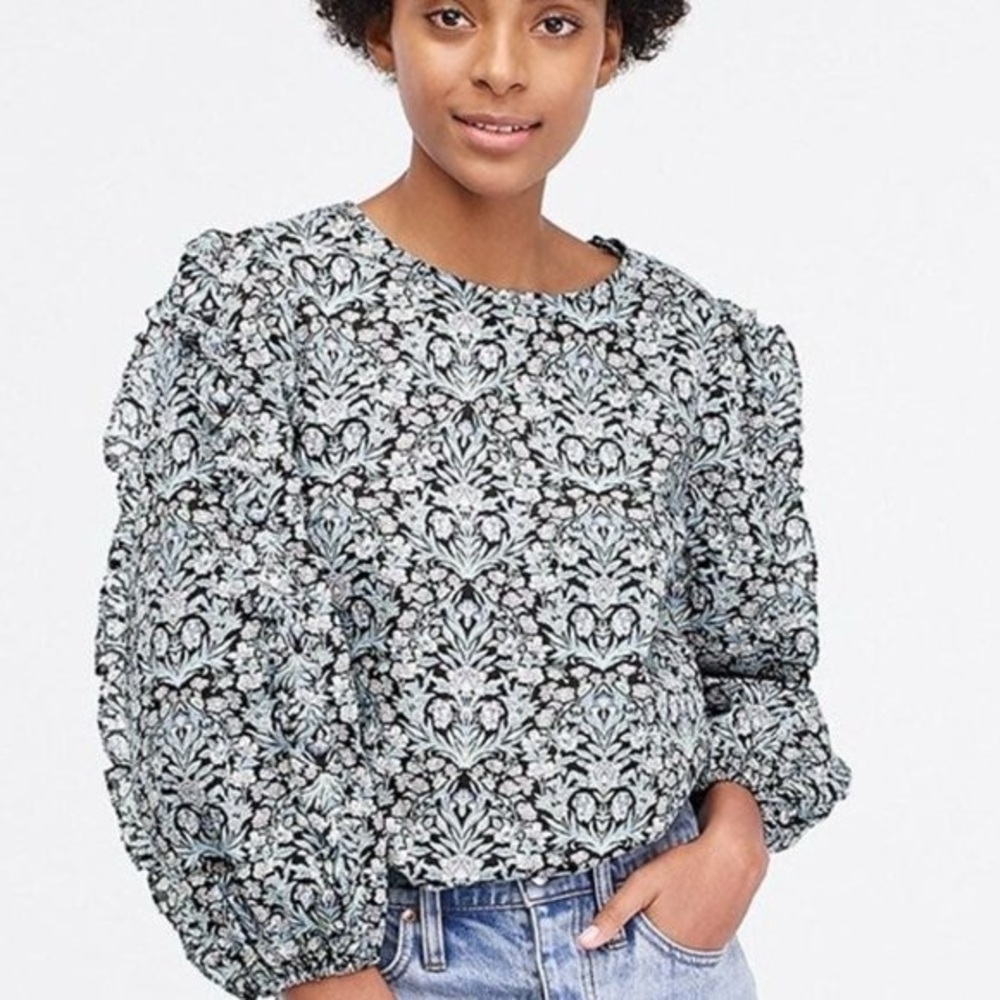 J. Crew Black and White Floral Puff-Sleeve Blouse